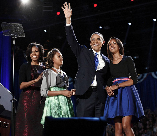 President Obama and his family in Chicago, Illinois the night of his reelection.