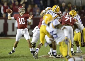 QB A.J. McCarron tosses three touchdowns in a win against rival LSU, keeping Alabama at the top of the BCS rankings. Photo Source: Shreve Port Times/USA Today Sports