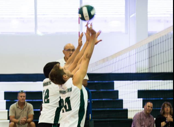 Tony Alfonso and Joao Nuñes go up for a block against Saint Thomas. (Source: Alana Steinberg)