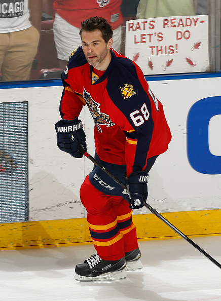 SUNRISE, FL - MARCH 19: Jaromir Jagr #68 of the Florida Panthers skates prior to the game against the Detroit Red Wings at the BB&T Center on March 19, 2015 in Sunrise, Florida. (Photo by Joel Auerbach/Getty Images)