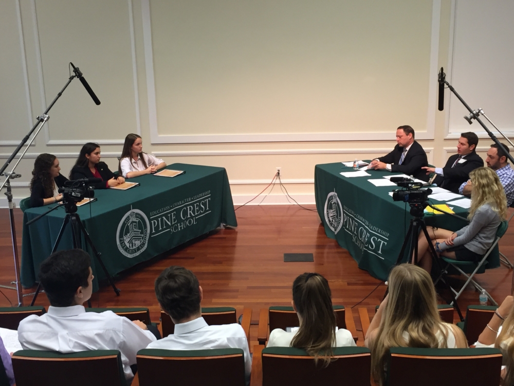 Pine Crest seniors in Gov Pol Seminar on a constitutional hearing with out-of-school attorneys posing as judges. (via Samantha Meade, senior)