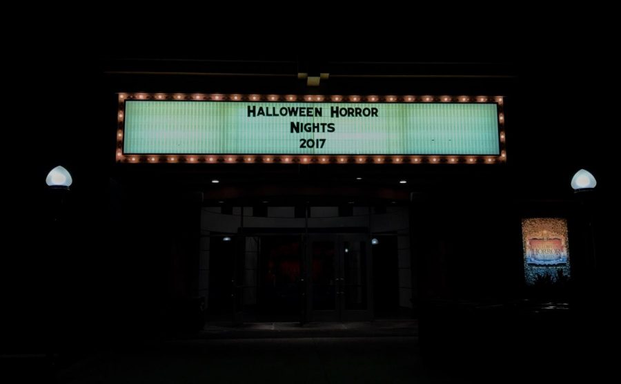 The Halloween Horror nights marquee, welcoming visitors into a nightmarish world.