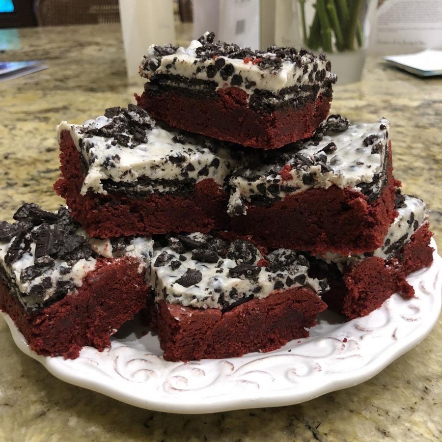 Tasty+red+velvet+cookies+and+cream+bars+right+out+of+the+oven.