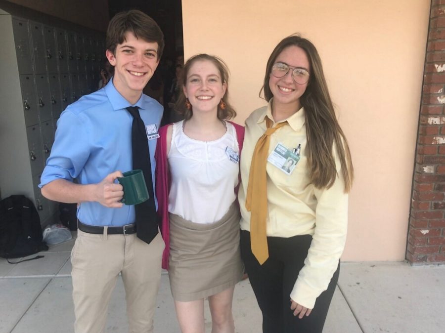 Seniors Drew Morris, Jenni Wolters, and Libby Baker dressed up as characters from the popular tv show The Office.