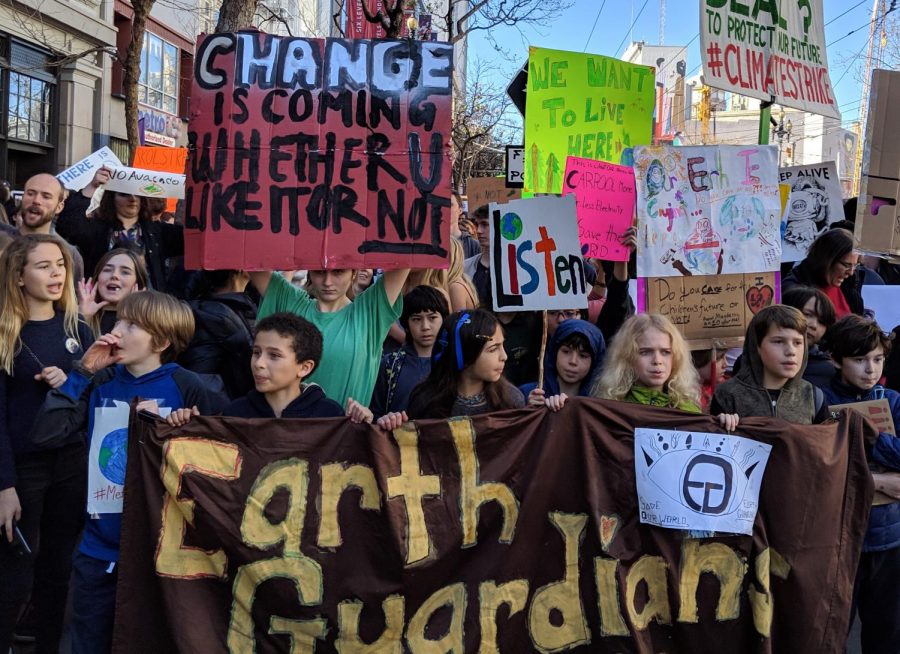 Children and teenagers gather in San Francisco to support anti-climate change initiatives.