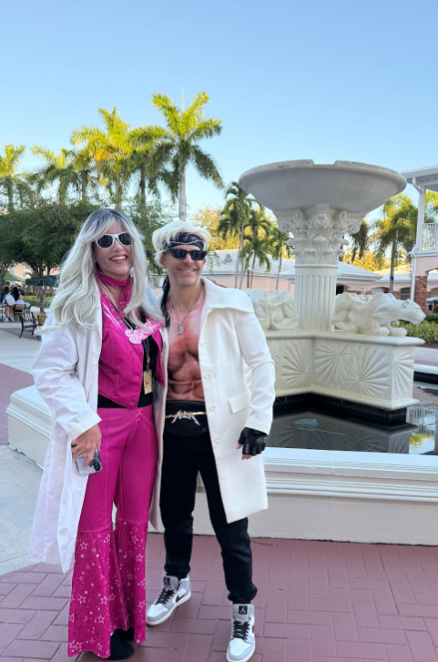 Mr. Schwartz and Mrs. Santarelli posed for a photo dressed as Barbie and Ken from the Barbie Movie