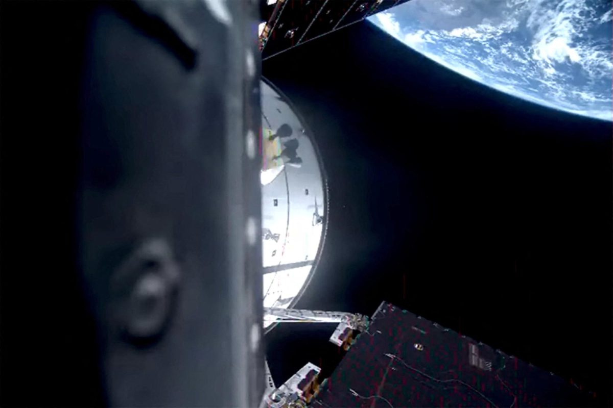 The Artemis II mission's Orion capsule leaves Earth on its way to fly by the moon, after launching from the Kennedy Space Centre in Cape Canaveral, Florida, U.S., April 1, 2026 in a still image from video.  NASA TV/Handout via REUTERS